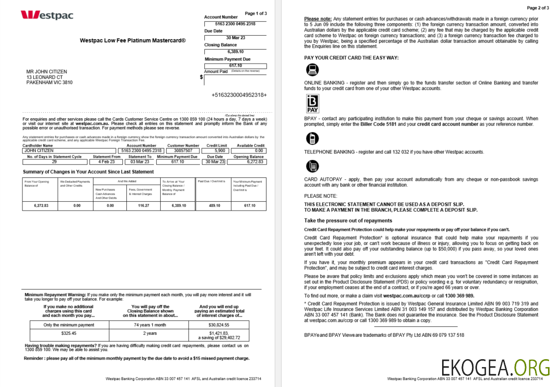 Modèle Word et PDF de relevé bancaire Australie Westpac, 3 pages 1, 2